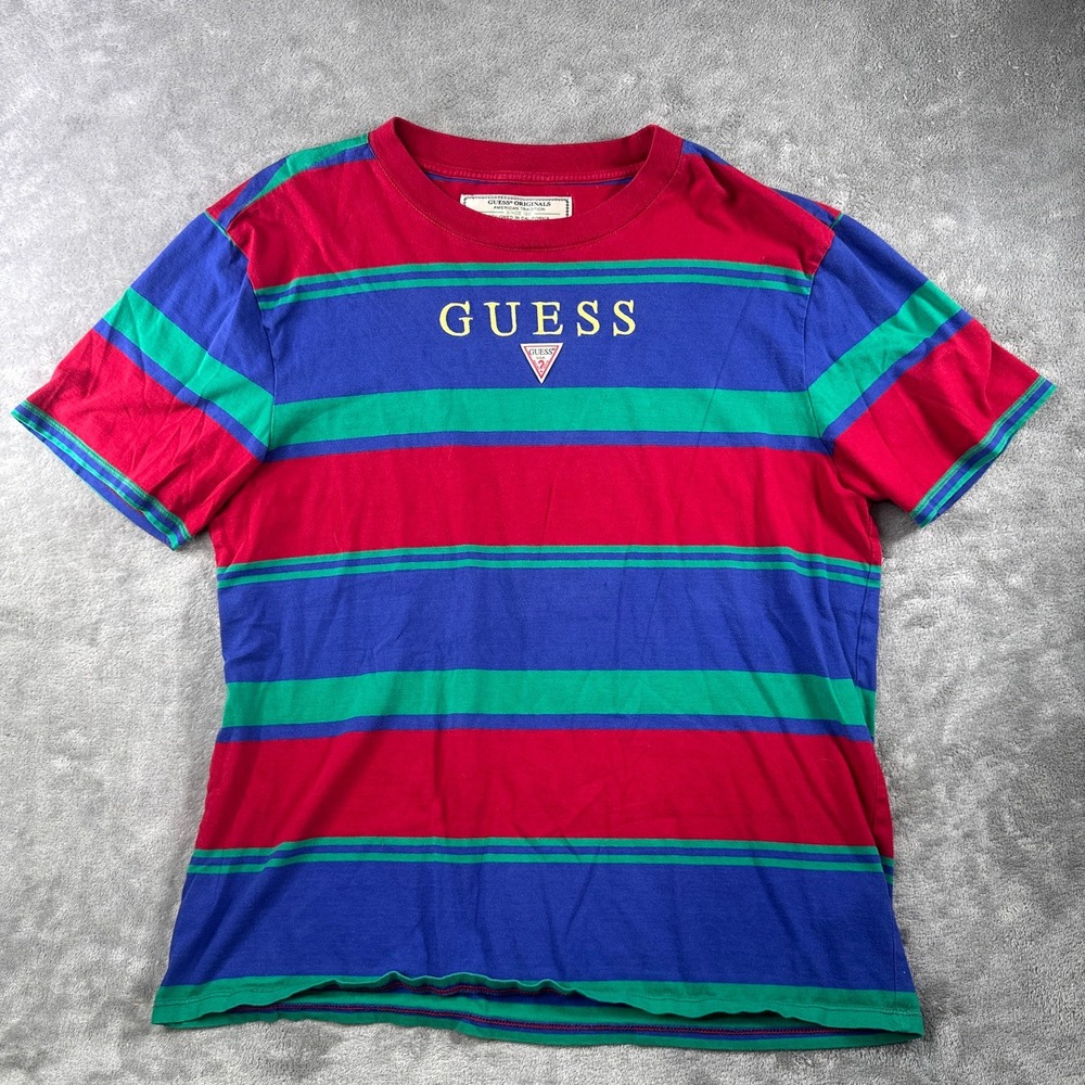 Vintage Guess Originals T-Shirt Mens Large Red Blue Green Striped Embroidered